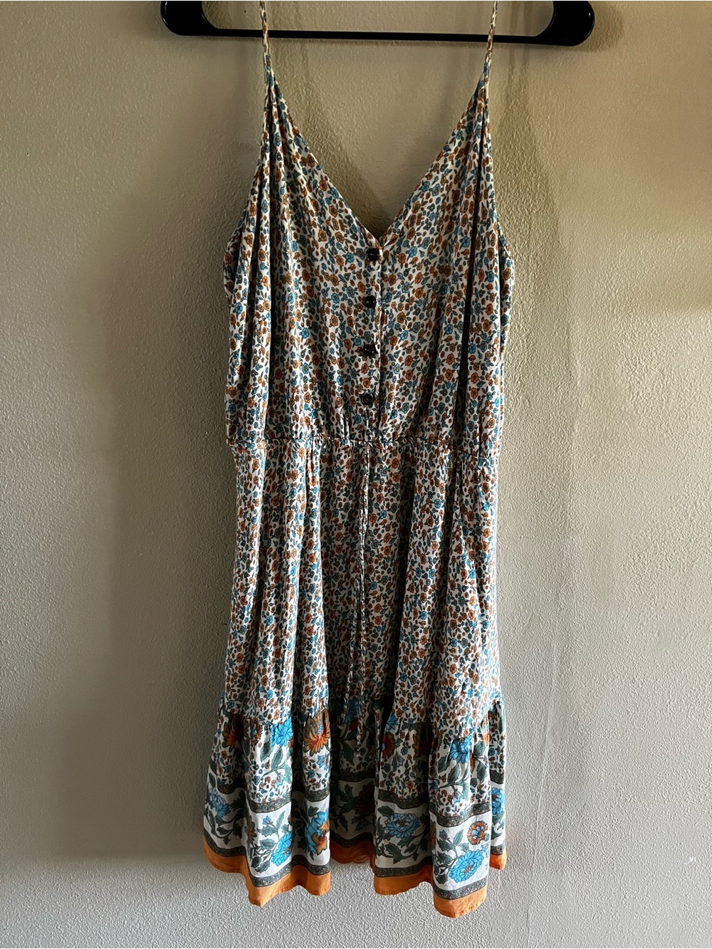 Floral Button-Front Midi Dress with Teal & Orange Accents